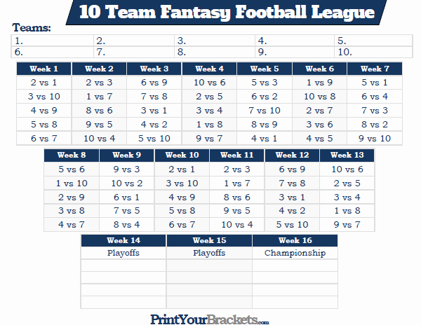 10 Team Schedule Template New Printable 10 Team Fantasy Football League Schedule