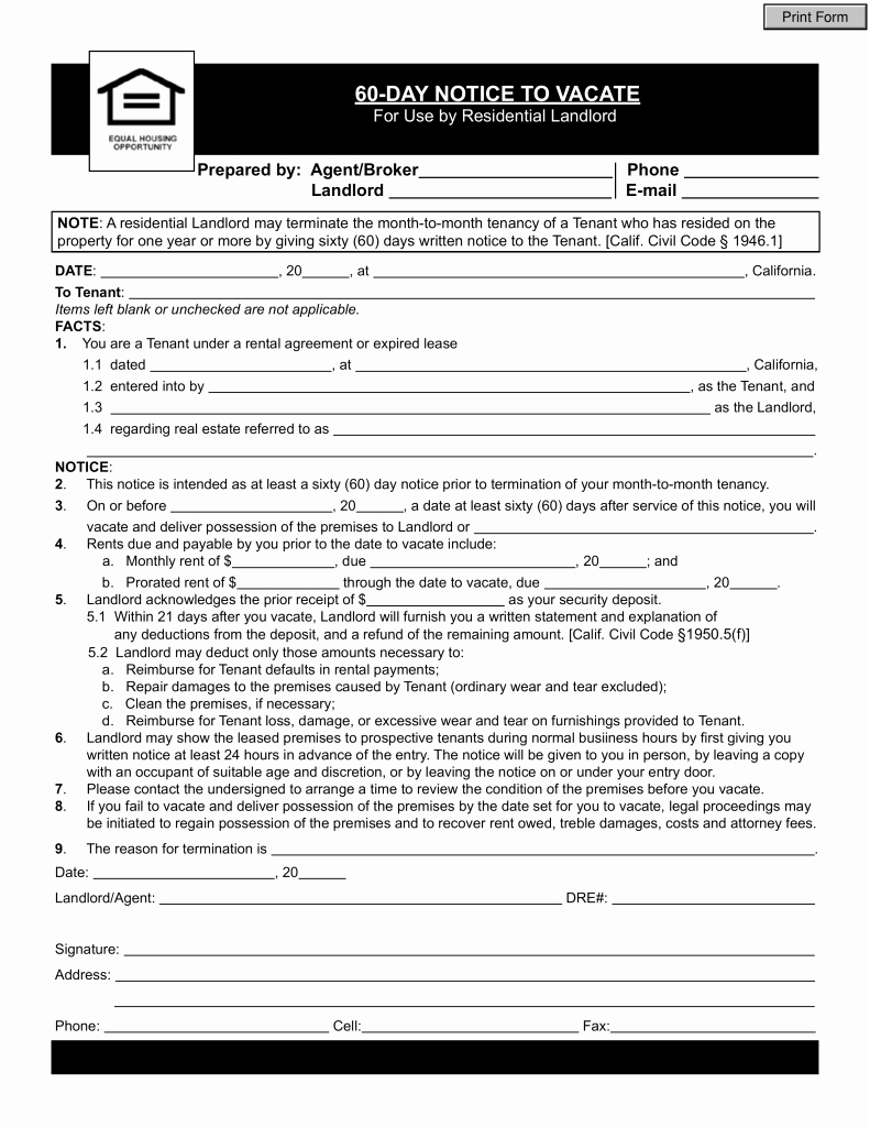 60 Day Notice Template Inspirational Free California Lease Termination Letter form