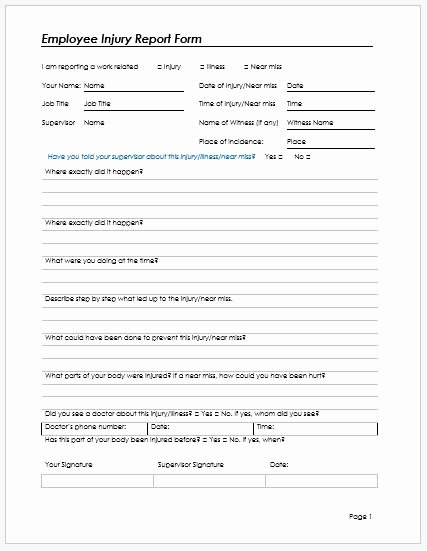 Accident Report form Template Fresh Employee Injury Report form Template