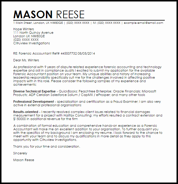 Accounting Cover Letter Template Unique forensic Accountant Cover Letter Sample