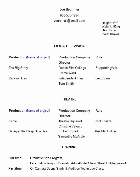 Acting Resume Template Word Fresh Acting Resume Templates Free formats Excel Word