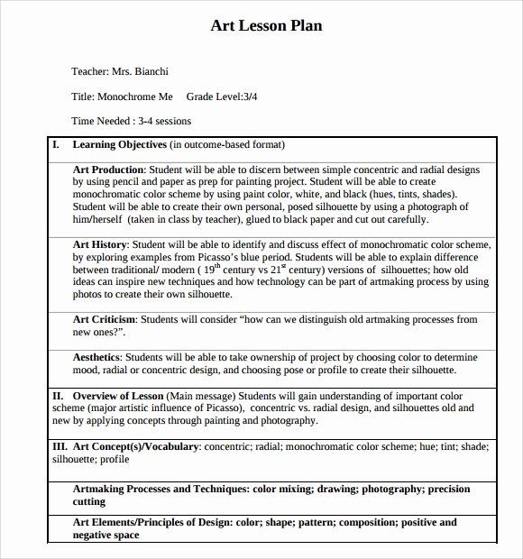 Art Lesson Plans Template Lovely Sample Art Lesson Plans Template 7 Free Documents In Pdf