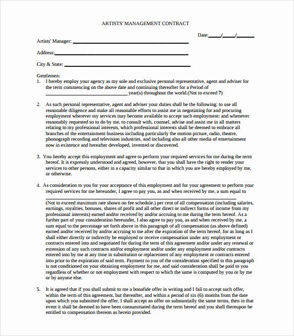 Artist Management Contract Template Awesome 10 Artist Management Contract Templates to Download for