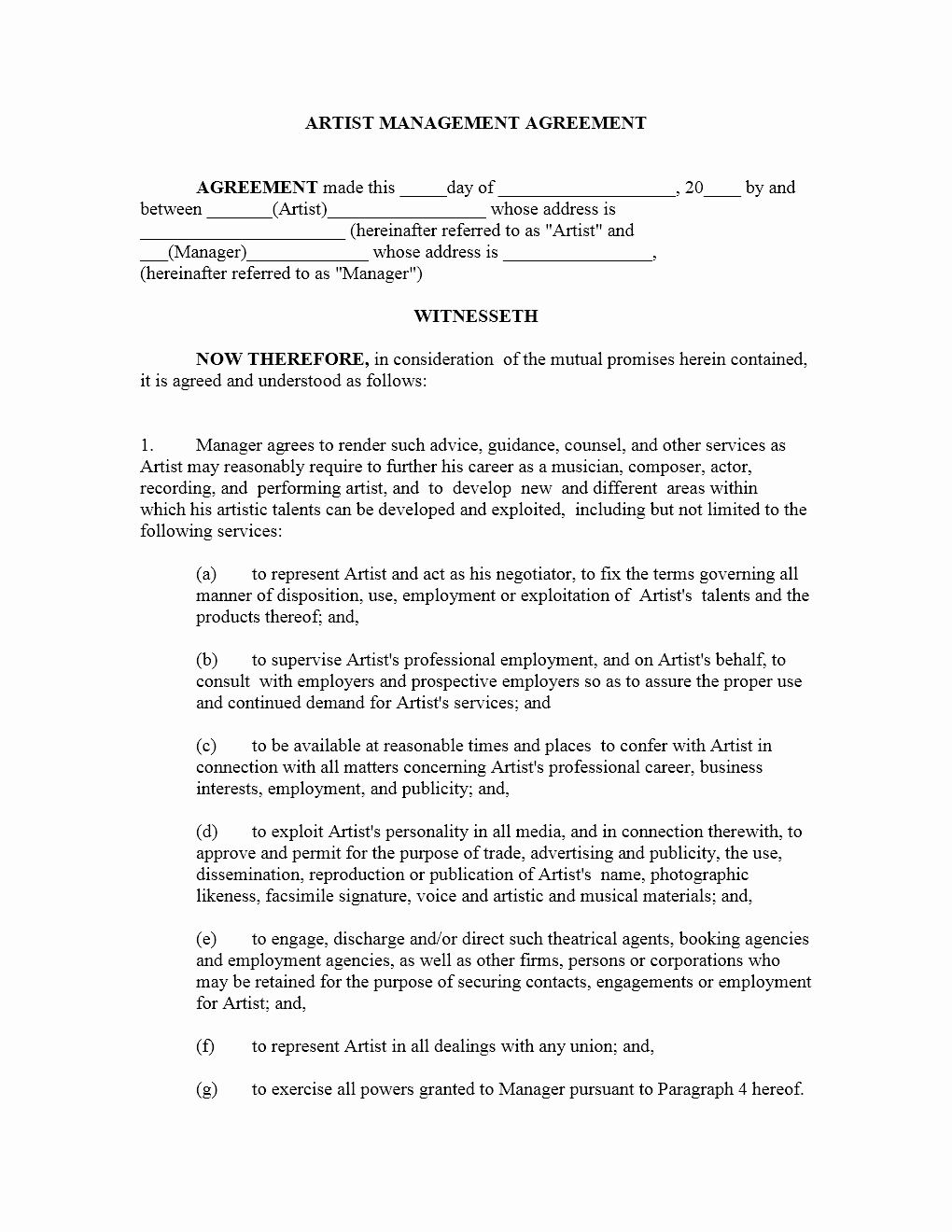 Artist Management Contract Template Lovely Artist Management Contract Template