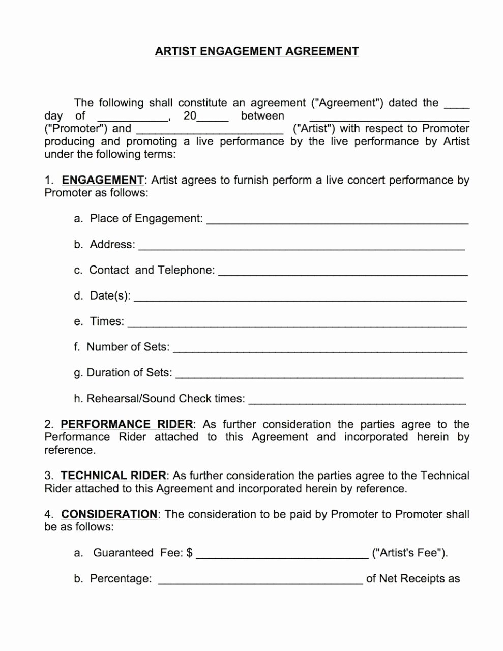 Artist Performance Contract Template Awesome Best S Of Artist Performance Contract Artist