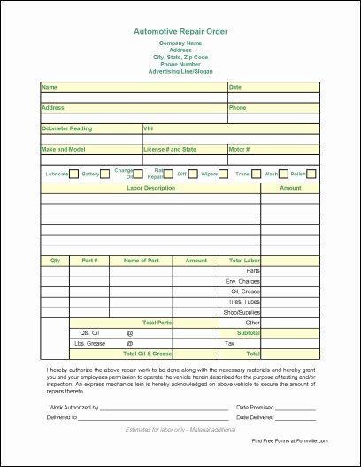 Auto Repair order Template Awesome Automotive Work order Template
