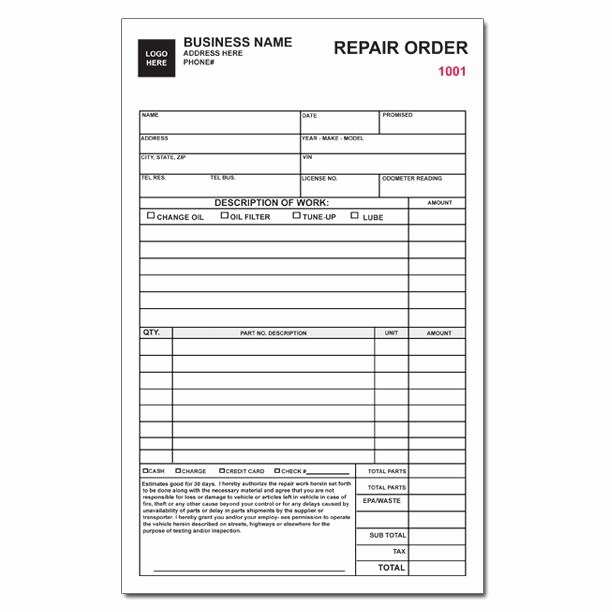 Auto Repair order Template Luxury Auto Repair Invoice Work orders Custom Carbonless