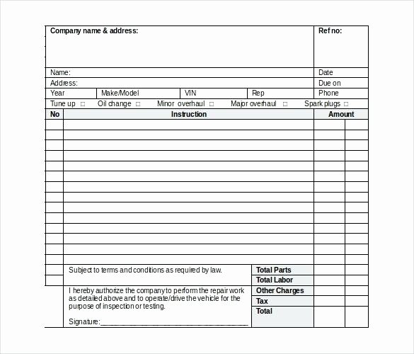 Auto Work order Template Inspirational Free Auto Repair Work order Template