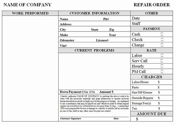 Auto Work order Template New Simple Auto Repair Work order