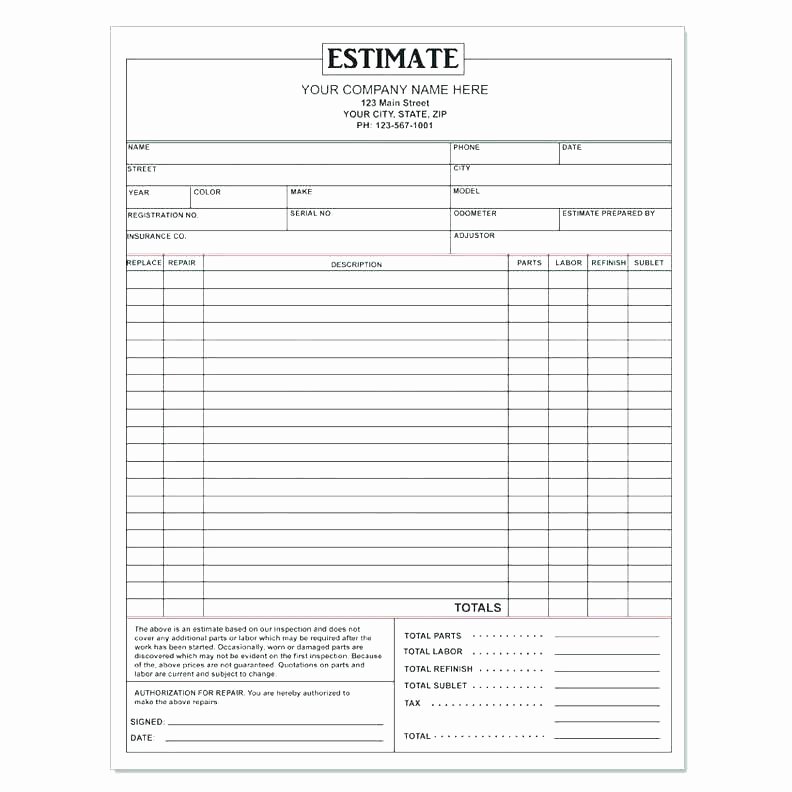 Automotive Repair Invoice Template Lovely Auto Body Estimate Template Repair Invoice Word Car