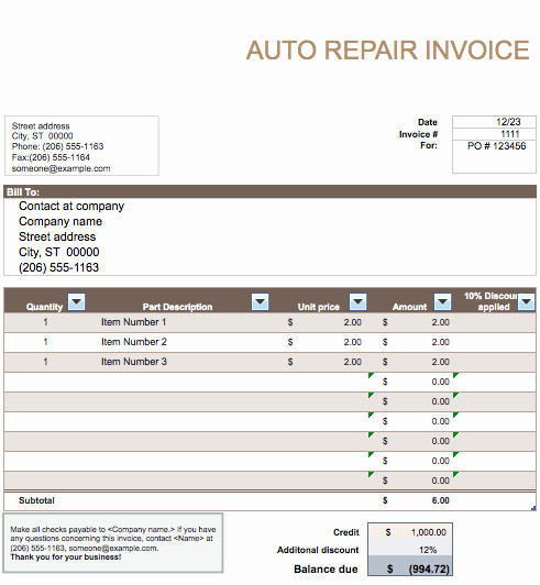 Automotive Repair Invoice Template New Auto Repair Invoice Template Word
