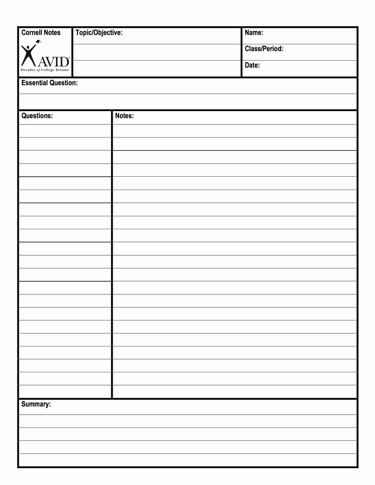 Avid Cornell Note Template Lovely Cornell Notes Template From Avid Front