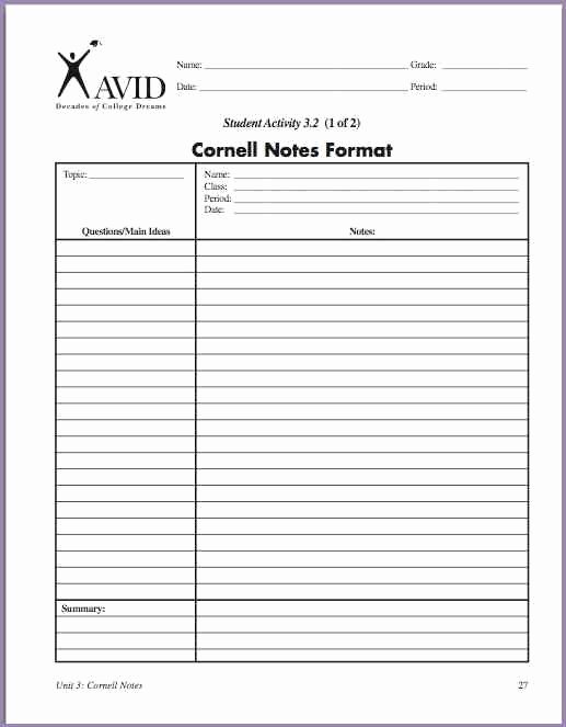 Avid Cornell Notes Template Unique Avid Cornell Notes Template