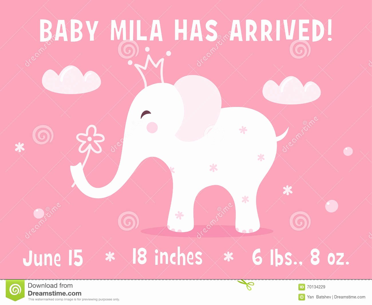 Baby Announcement Template Free Beautiful Elephant and Clouds Baby Girl Birth Announcement Card