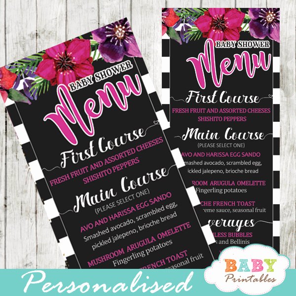 Baby Shower Menu Template Best Of Fuchsia Floral Black and White Striped Baby Shower Menu