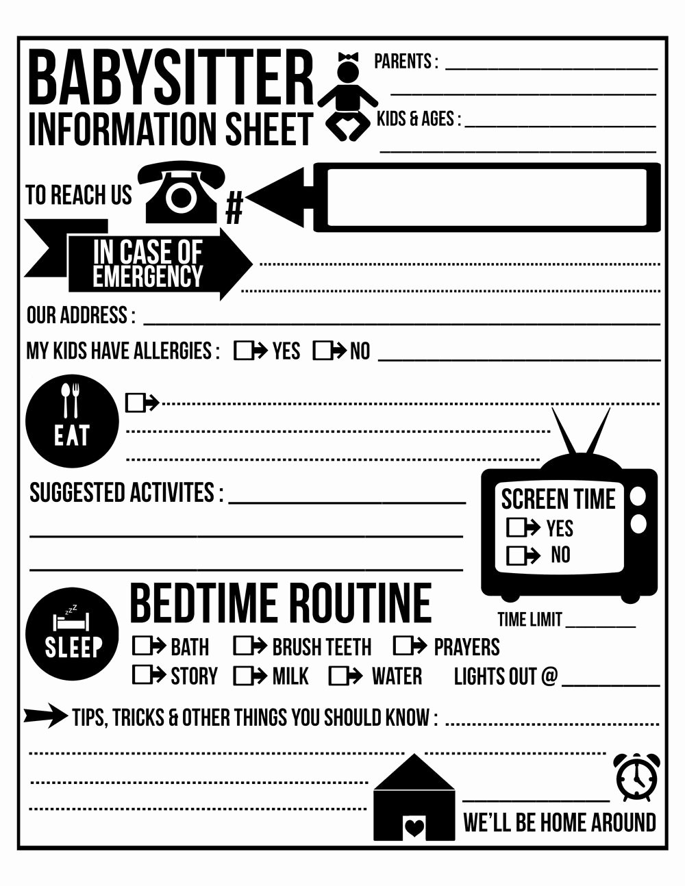 Babysitter Information Sheet Template Unique Free Printable Babysitter Info Sheet Frame or Laminate