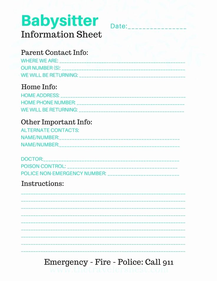 Babysitter Information Sheet Template Unique Free Printable Babysitter Info Sheet