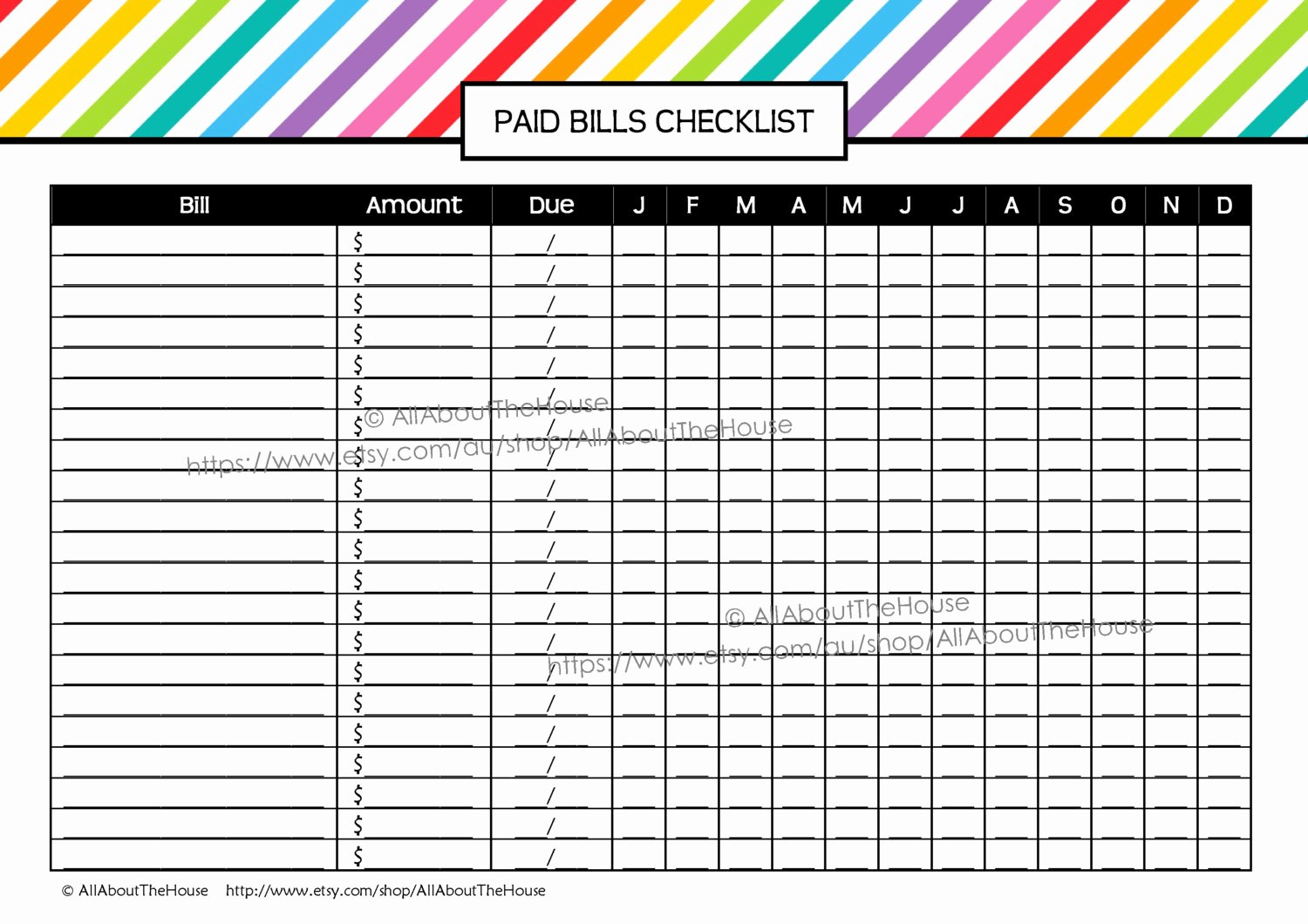 Bill Pay Checklist Template Awesome Bill Printable Editable Rainbow Stripe Paid Bills Checklist