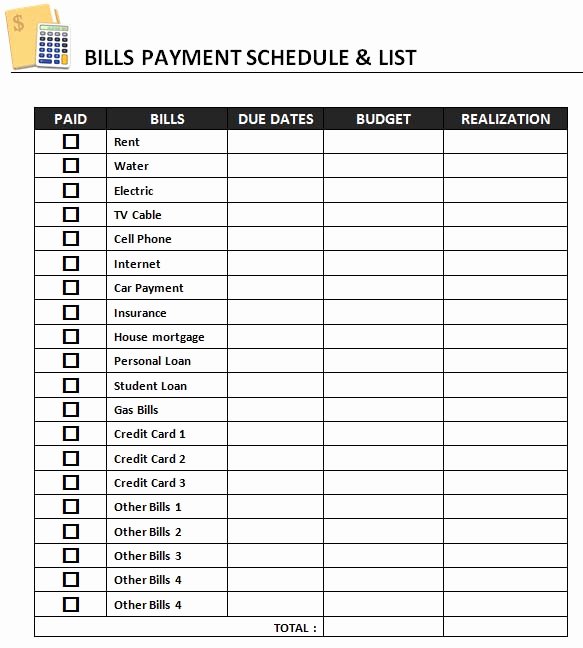 Bill Pay Checklist Template Fresh Monthly Payment Calendar Gallery