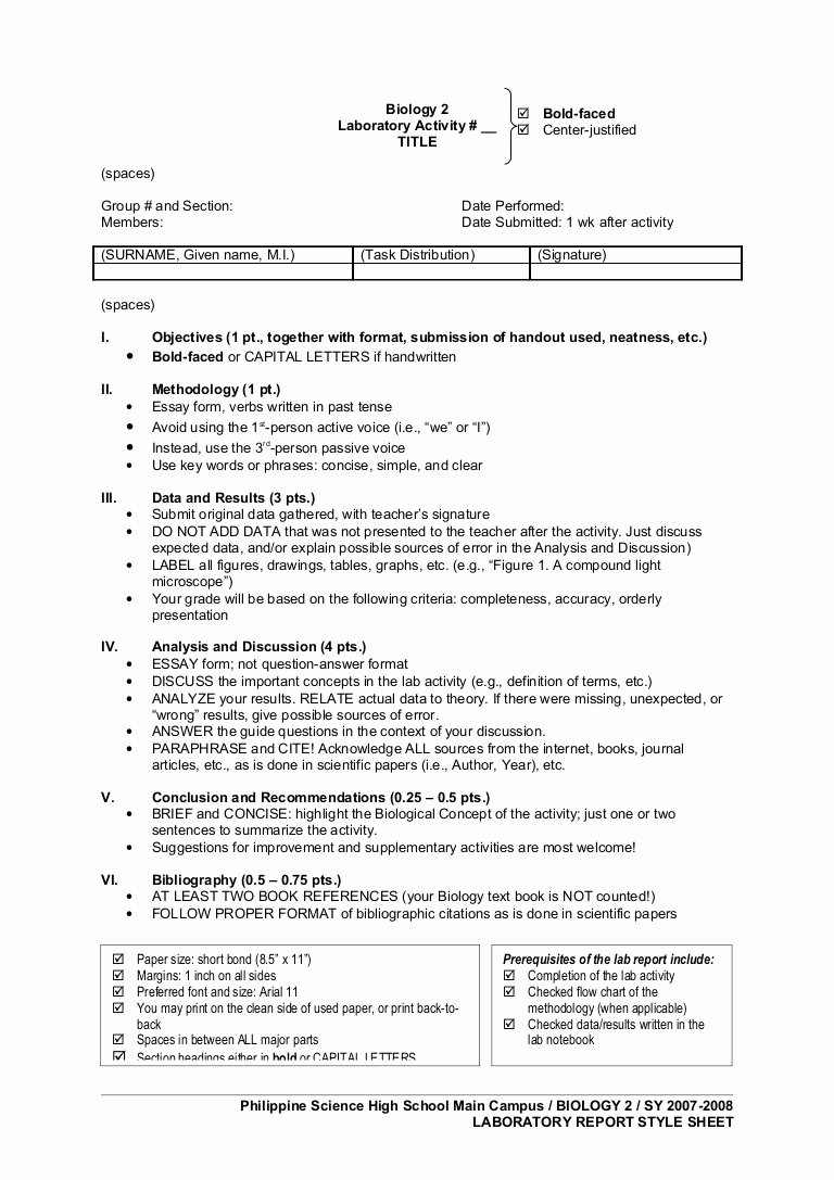Biology Lab Report Template Inspirational Bio2 Style Sheet for Lab Report Sy07 08
