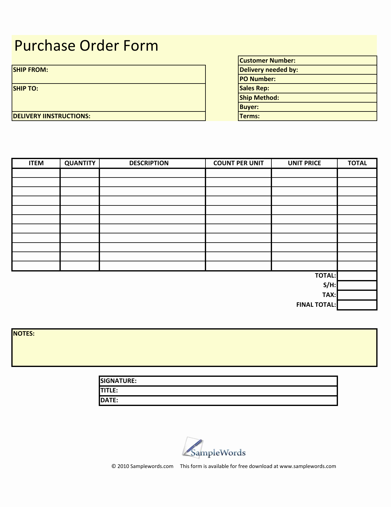 Blank order form Template Inspirational Download Blank Purchase order form Template Excel