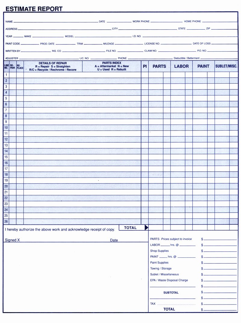 Printable Body Shop Estimate Form Printable Templates