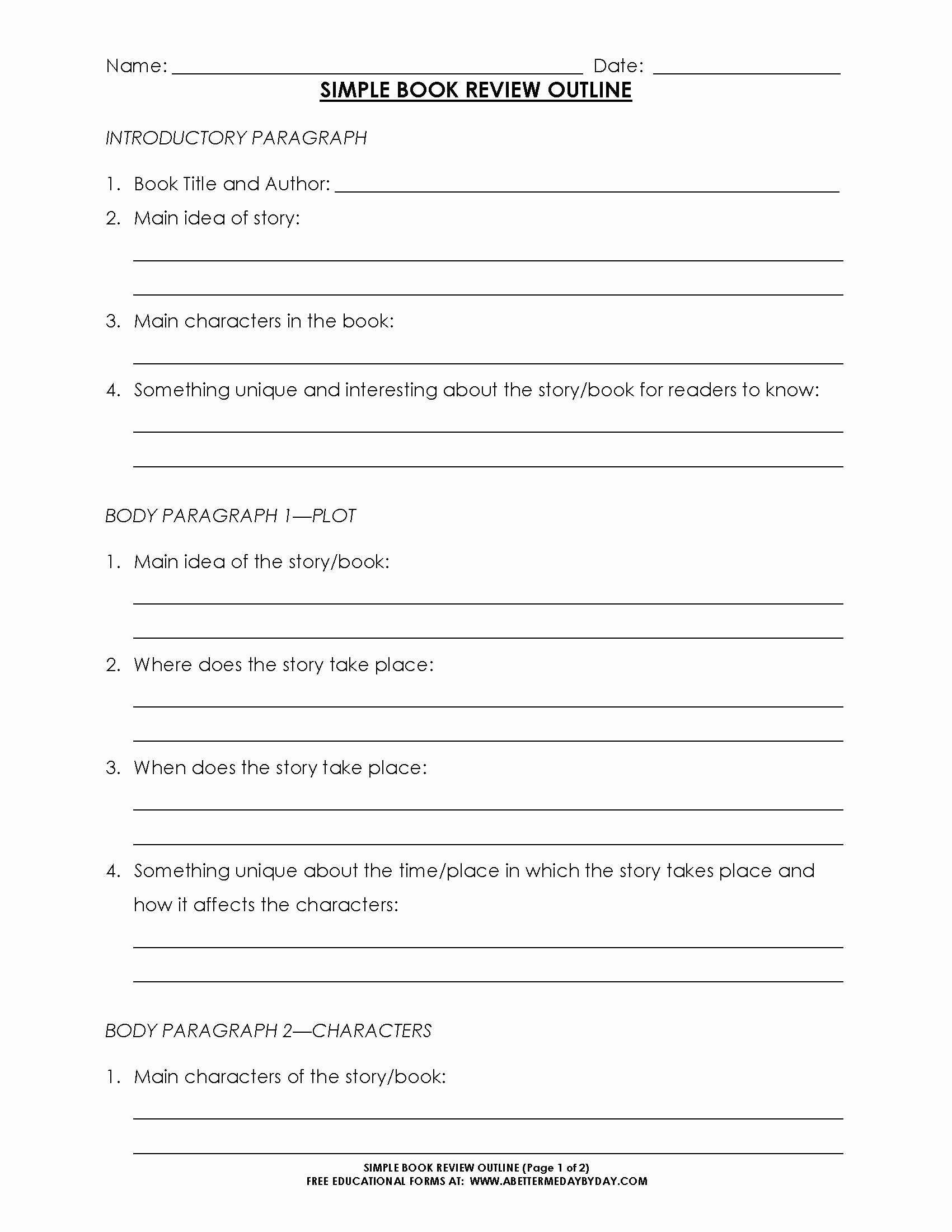 Book Report Outline Template New Free Simple 5 Paragraph Book Review or Report Outline