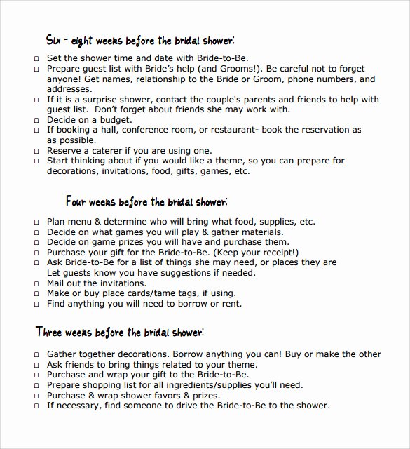 Bridal Shower Checklist Template Unique 9 Sample Bridal Shower Checklists