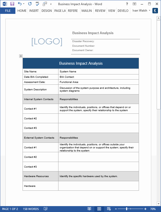 Business Impact Analysis Template Fresh Business Continuity Plan – Download 48 Pg Ms Word &amp; 12