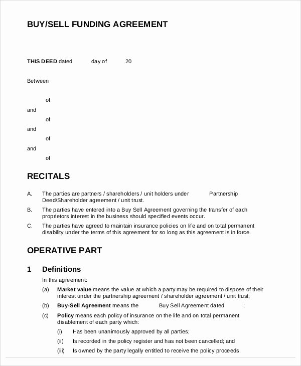 Buy Sell Agreement Template Best Of Funding Agreement Template 9 Free Word Pdf format