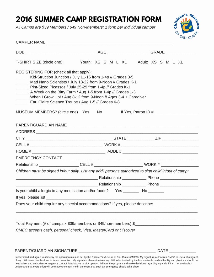 Camp Registration form Template Elegant Summer Camps at the Children S Museum Of Eau Claire