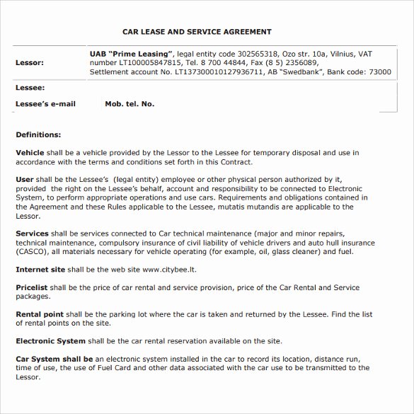 Car Lease Agreement Template Elegant Car Rental Agreement Templates 12 Free Documents In Pdf