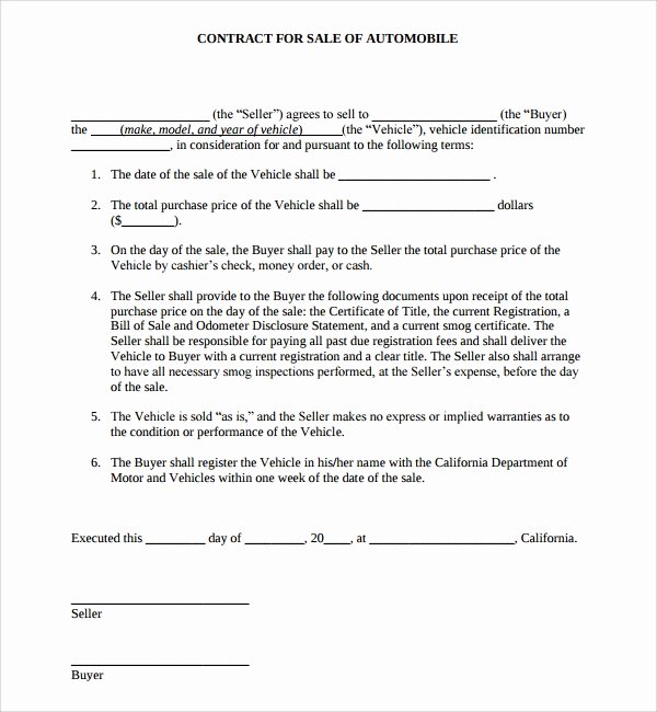 Car Purchase Agreement Template Inspirational 7 Auto Purchase Agreement Templates