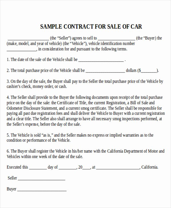 Car Purchase Agreement Template Inspirational 7 Sample Used Car Sale Contracts