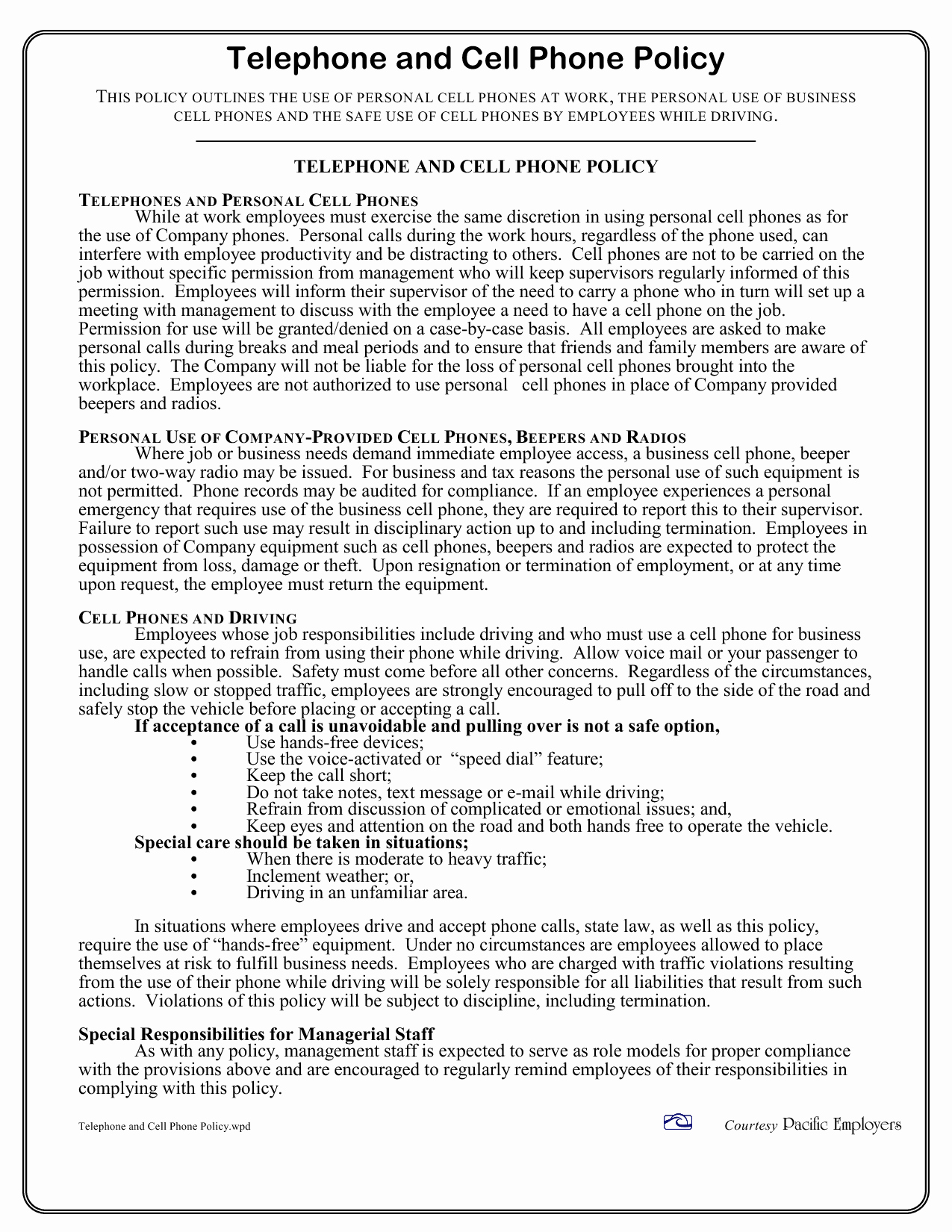 Cell Phone Policy Template New Work Cell Phone