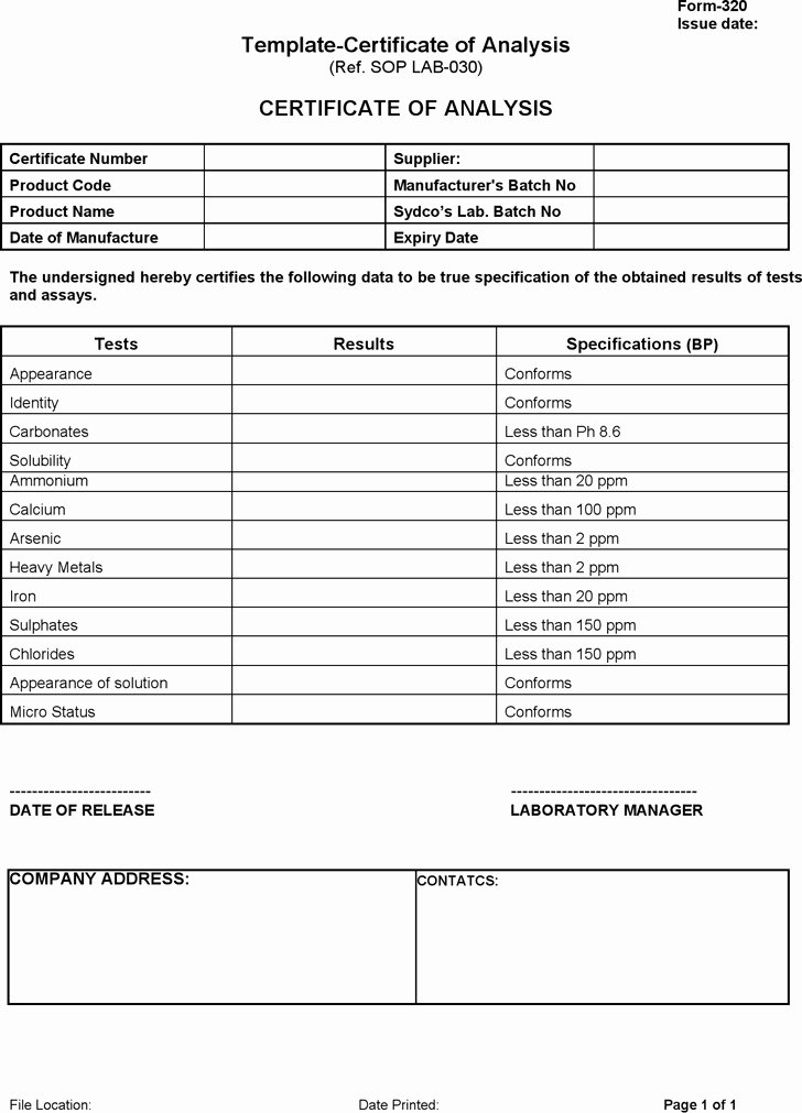 Certificate Of Analysis Template New 2 Certificate Of Analysis Free Download