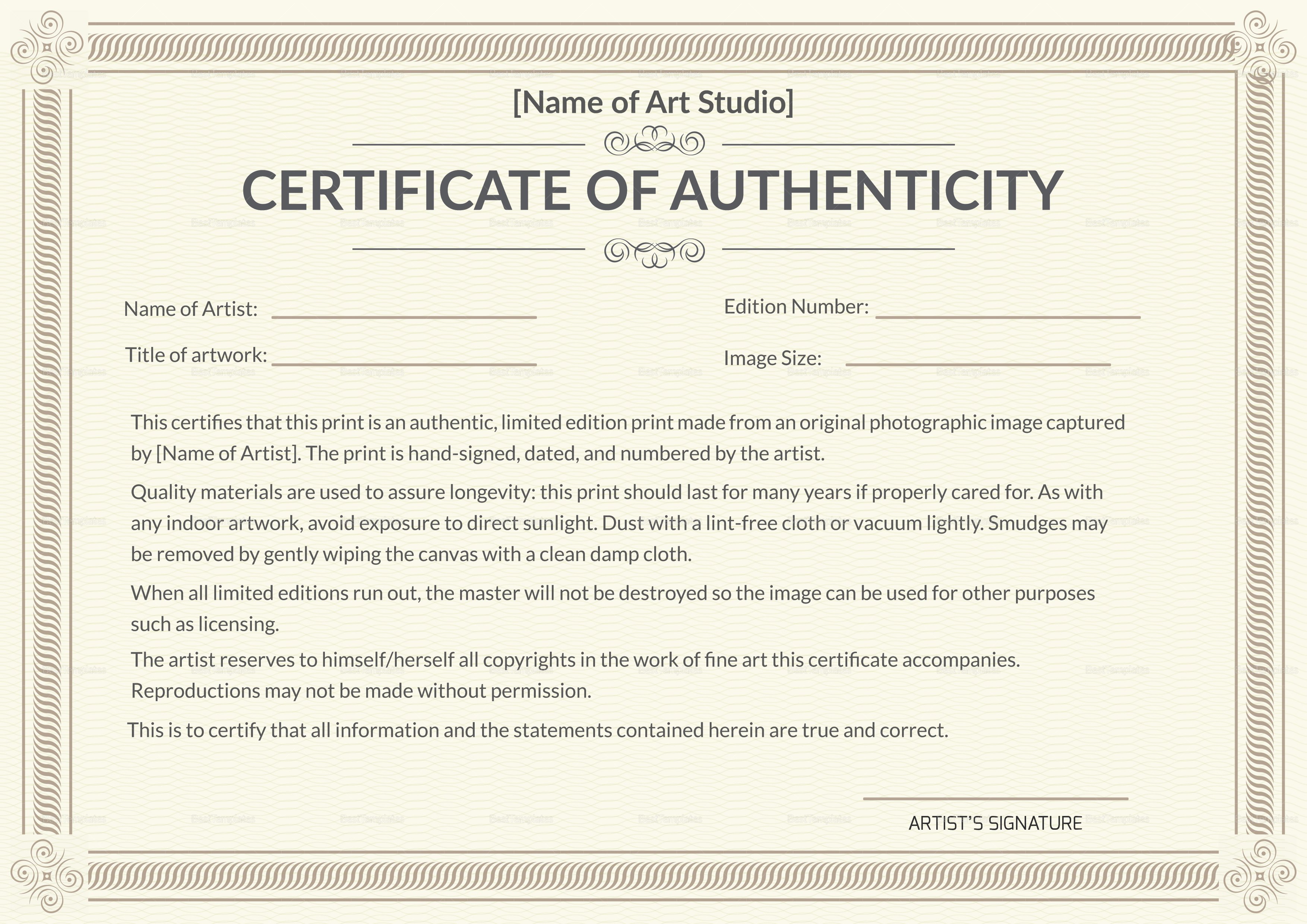 Certificate Of Authenticity Template Elegant Printable Authenticity Certificate Design Template In Psd
