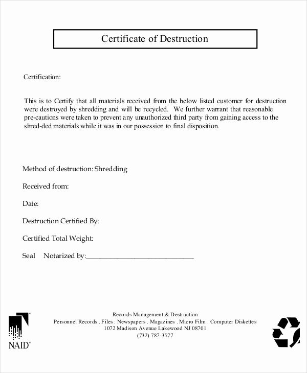 Certificate Of Destruction Template Fresh Certificate Destruction Template 12 Pdf Word Ai