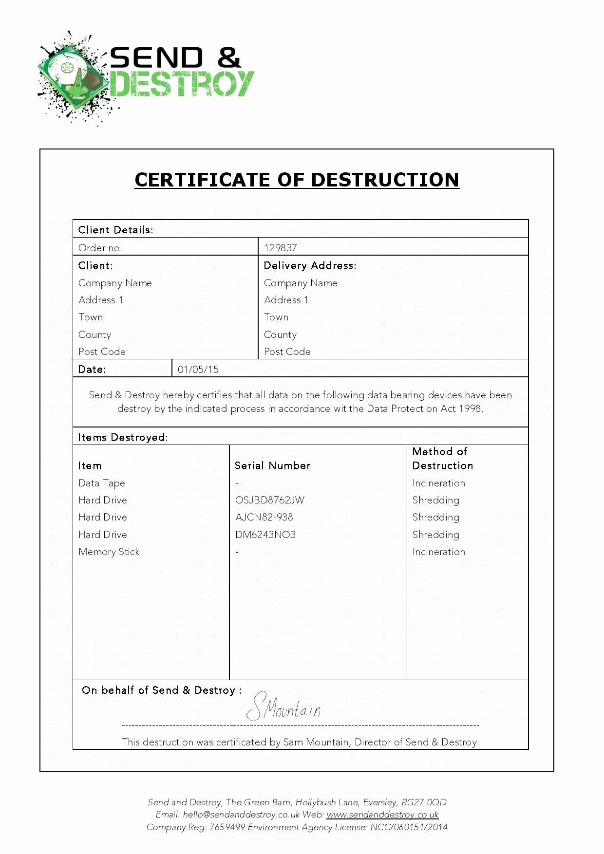 Certificate Of Destruction Template Fresh Hard Drive Certificate Destruction Template Hard Drive