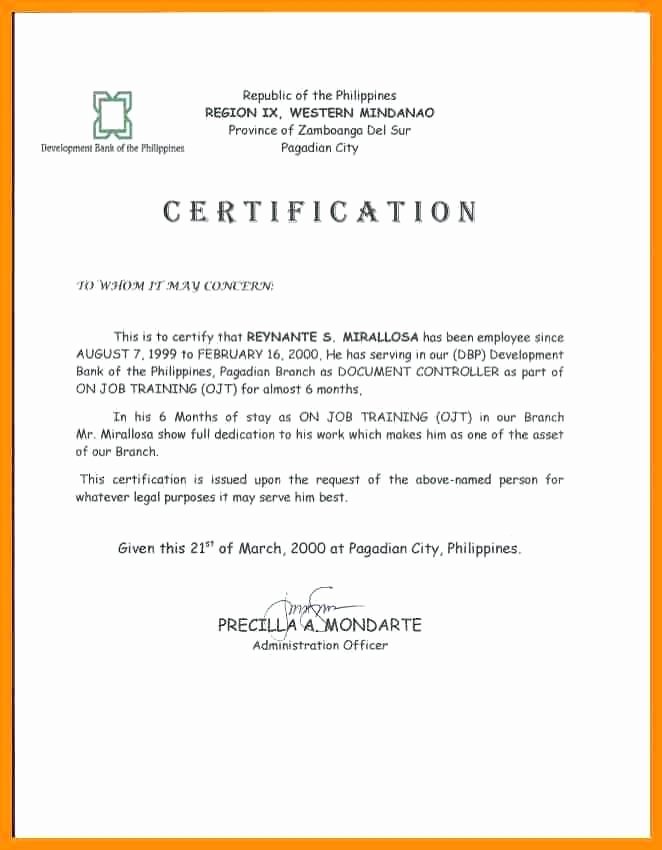 Certificate Of Employment Template Inspirational Employment Certificate for Bank Loan – Bonniemacleod