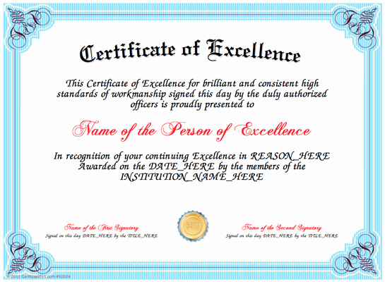 Certificate Of Excellence Template New Certificate Of Excellence Templates