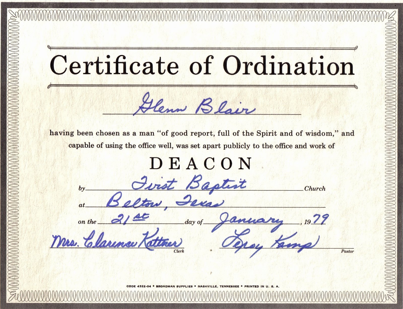 Certificate Of ordination Template Lovely the Family History Of Billy Blair Robert Glenn &amp; Wanda