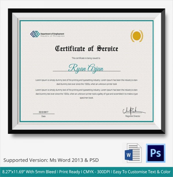 Certificate Of Service Template Lovely Sample Certificate Of Service Template 16 Documents In