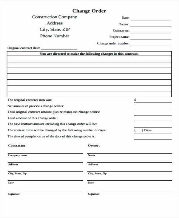 Change order form Template Awesome Contractor Change order form Well Efficient Portrait