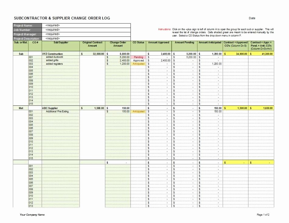 Change order Template Excel Elegant Subcontractor Supplier Change order Log 1 Cms