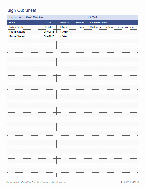 Check Out Sheet Template Lovely Equipment Sign Out Sheet