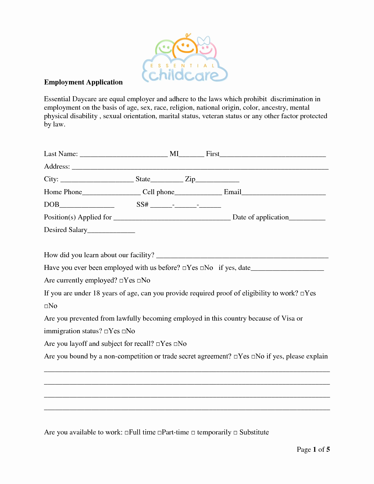 Child Care Application Template Inspirational Daycare Center Employment Application Bing