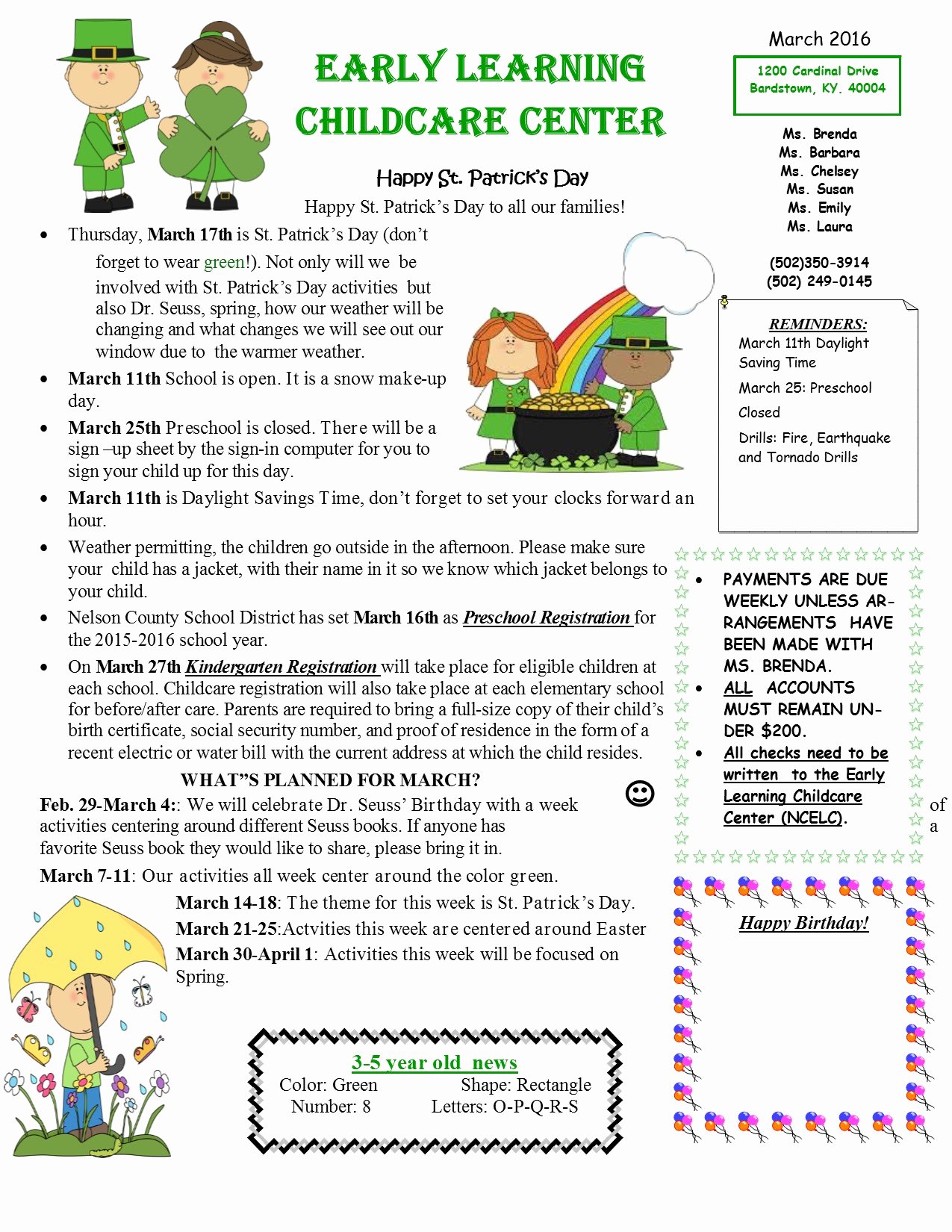 Child Care Newsletter Template Lovely March Early Learning Childcare Center Newsletter 2016