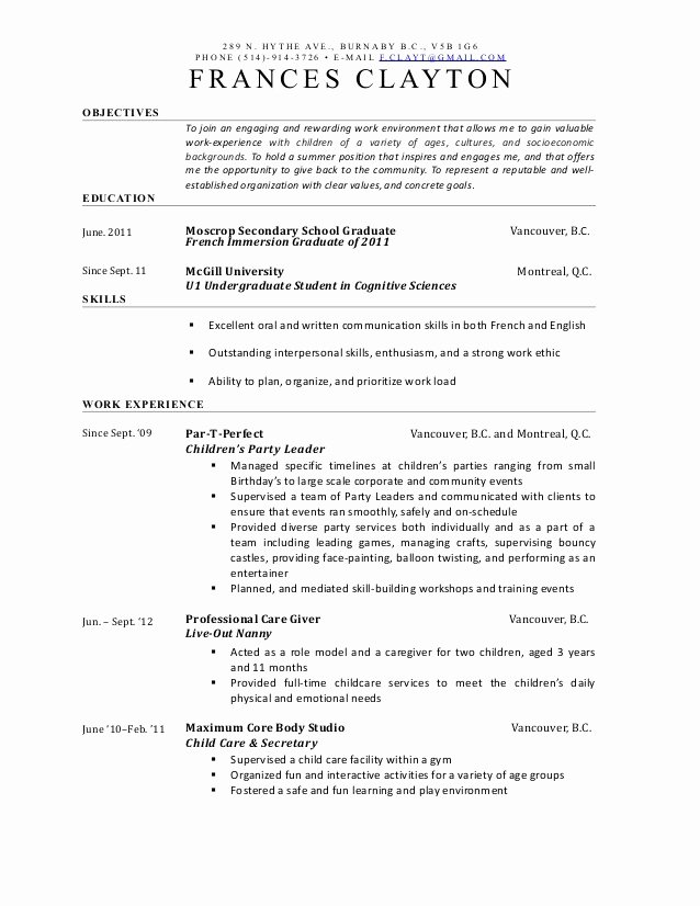 Child Care Resume Template New Objective for Resume Child Care Director