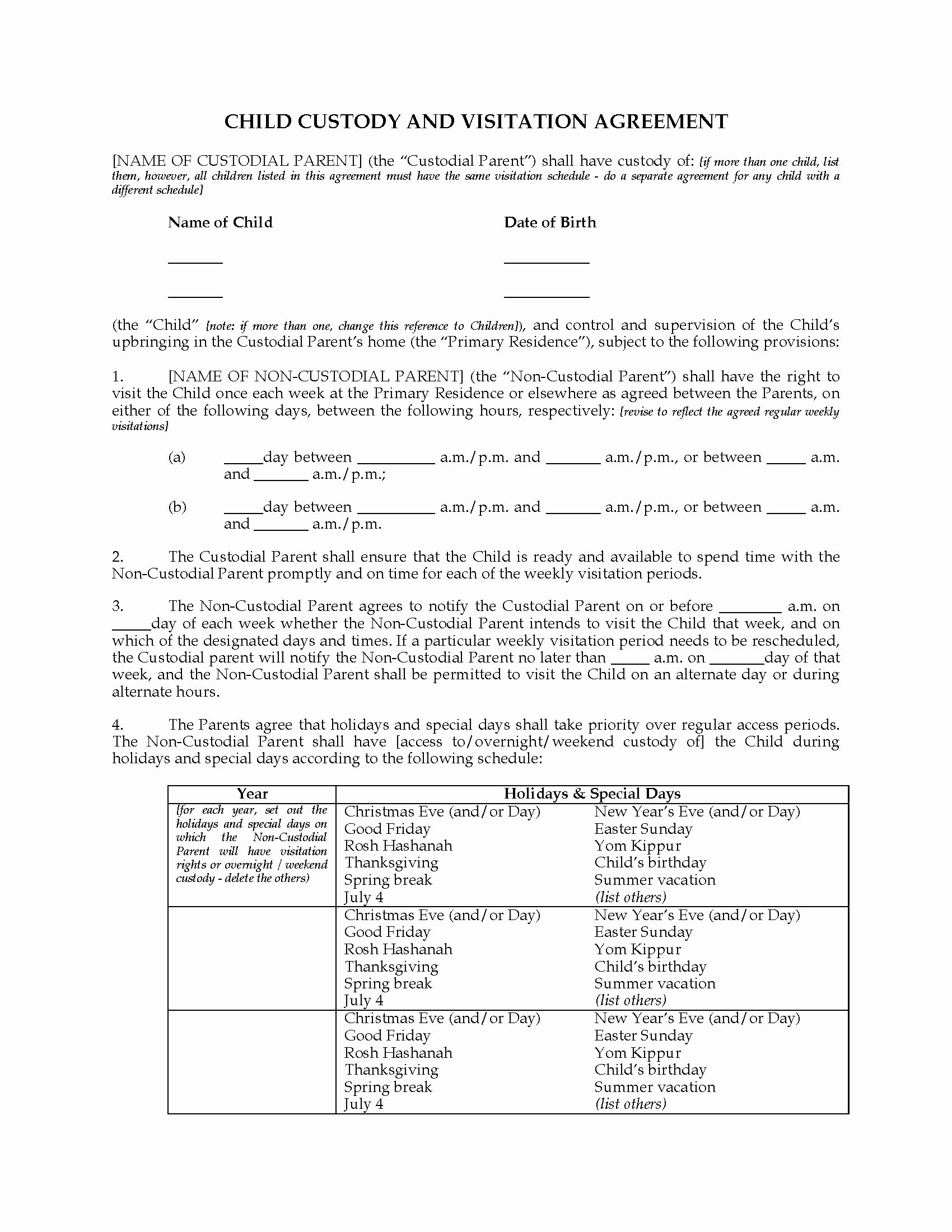 Child Visitation Agreement Template Awesome Usa Child Custody and Visitation Agreement Between Parents